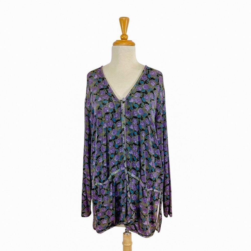 Flax M Purple Floral Cardigan Lilacs Art To Wear Lagenlook VTG Travel Fits L XL